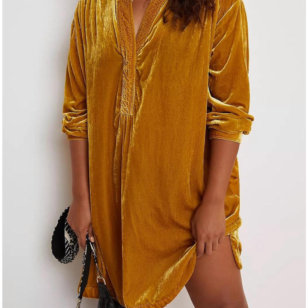 Anthropologie Melody Velvet Tunic Mini Dress XS Gold Holiday Boho Chic Party